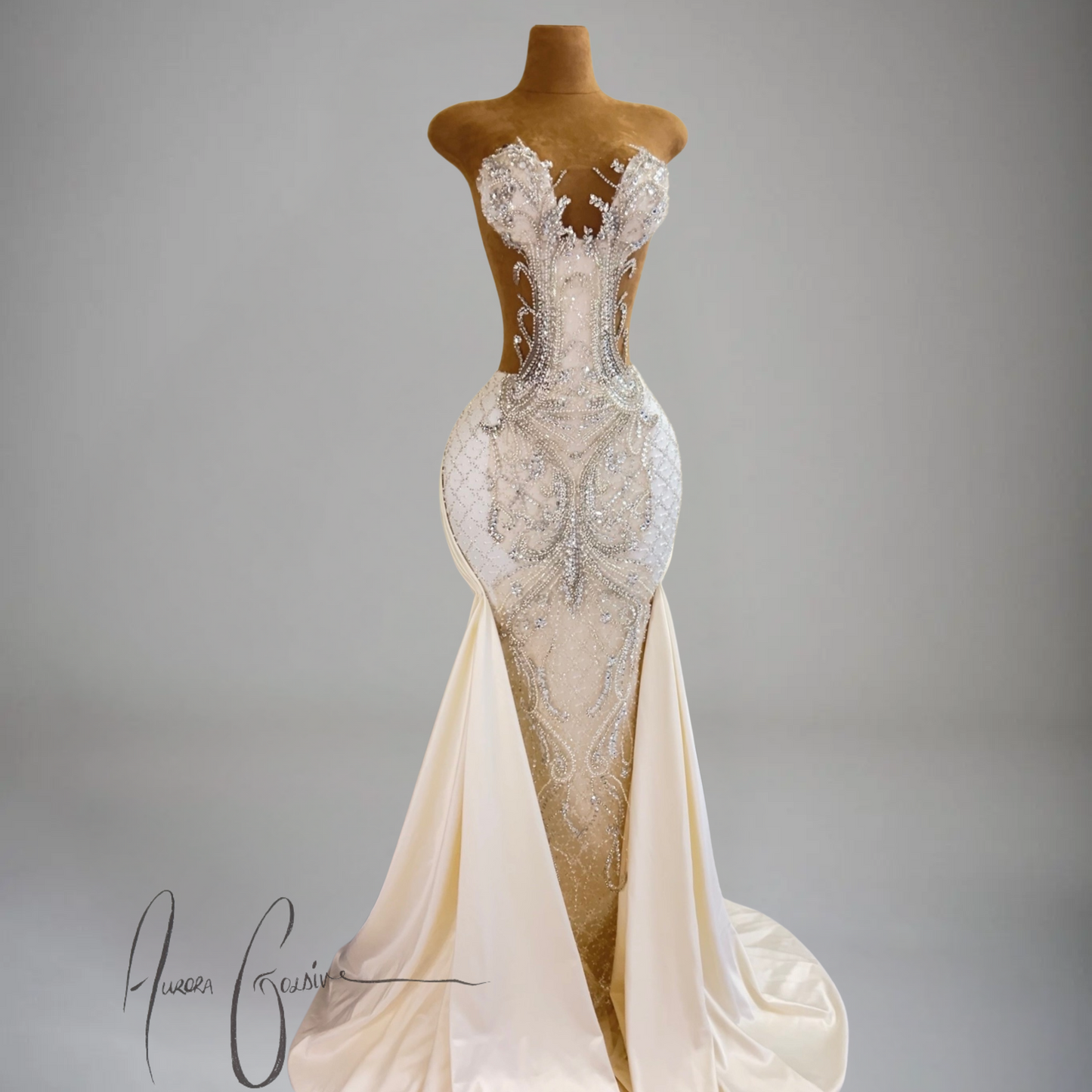 Azalea – Ivory Beaded Evening Gown with Crystal Embellishments and Draped Sides