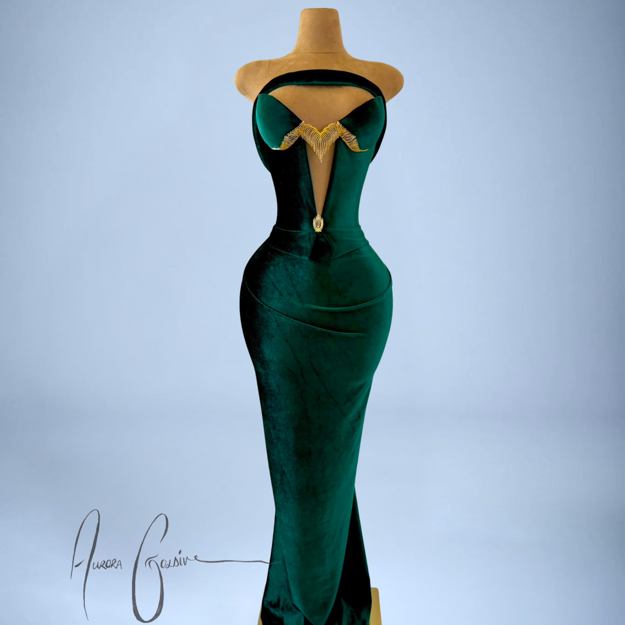 Kim K Emerald Velvet Gown – Luxury Green Evening Dress with Gold Detailing