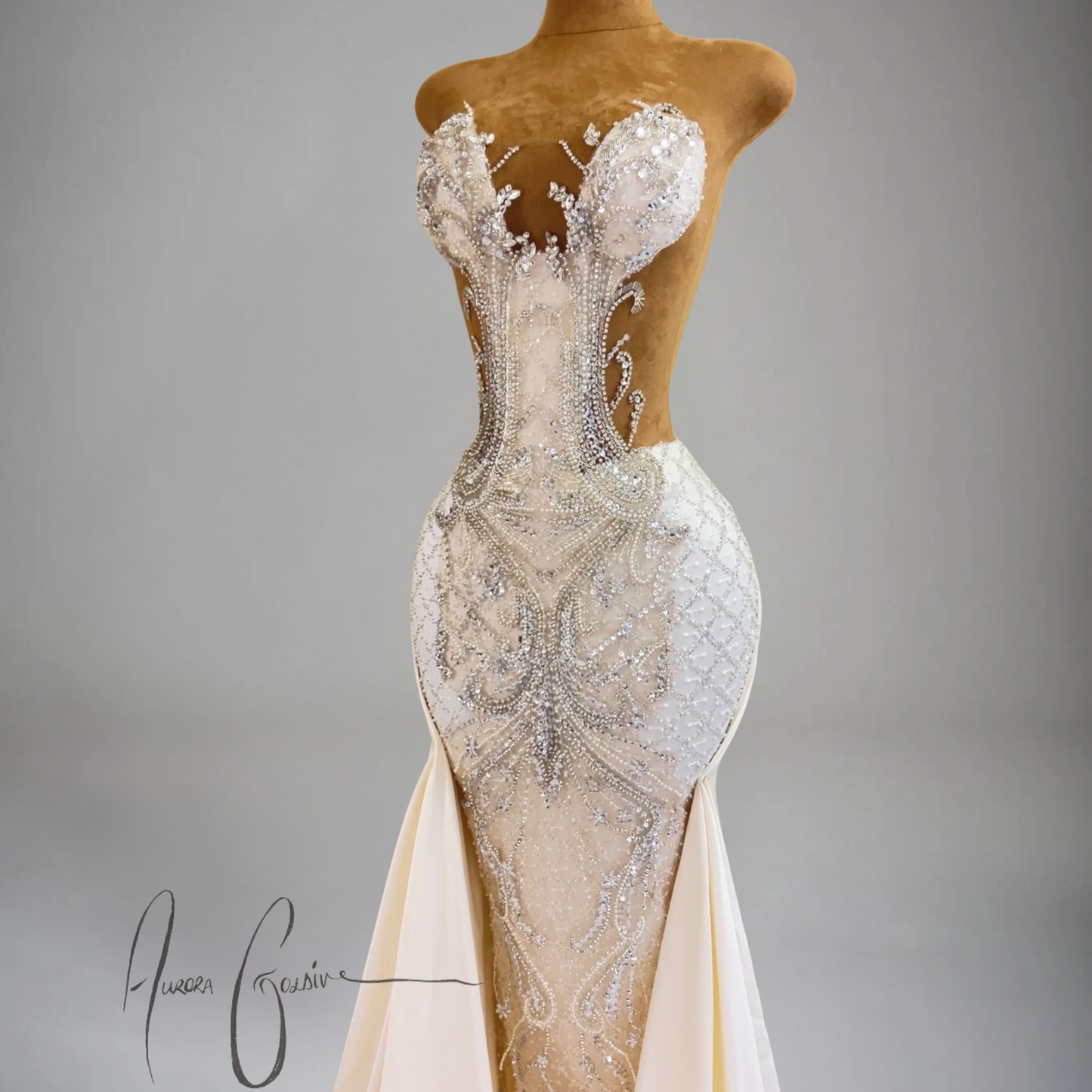Azalea – Ivory Beaded Evening Gown with Crystal Embellishments and Draped Sides