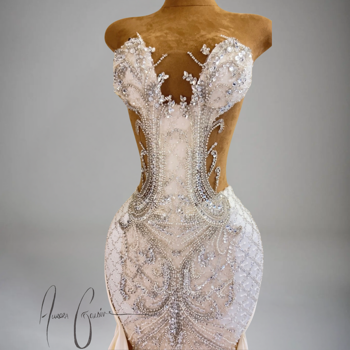 Azalea – Ivory Beaded Evening Gown with Crystal Embellishments and Draped Sides