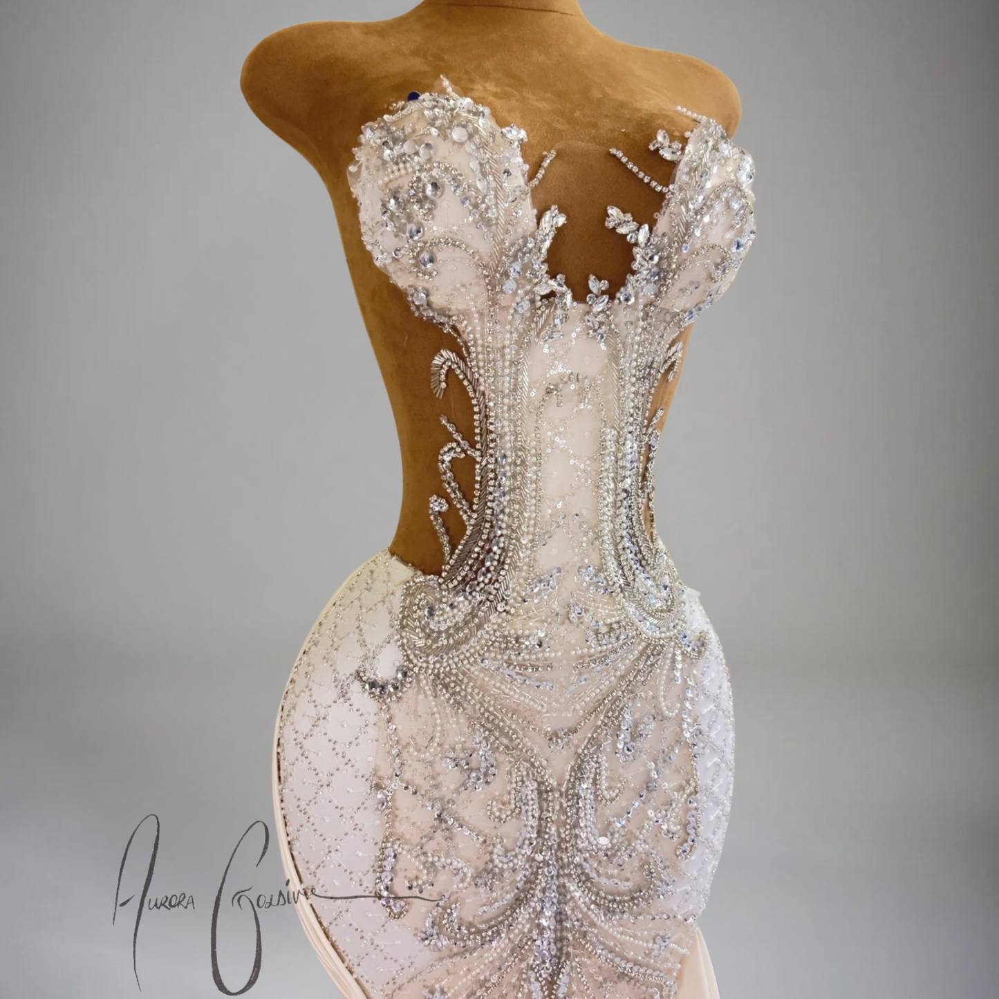 Azalea – Ivory Beaded Evening Gown with Crystal Embellishments and Draped Sides