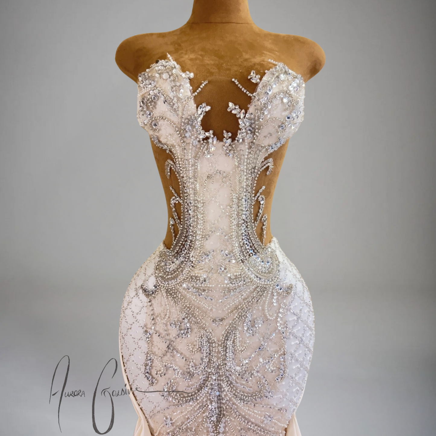 Azalea – Ivory Beaded Evening Gown with Crystal Embellishments and Draped Sides