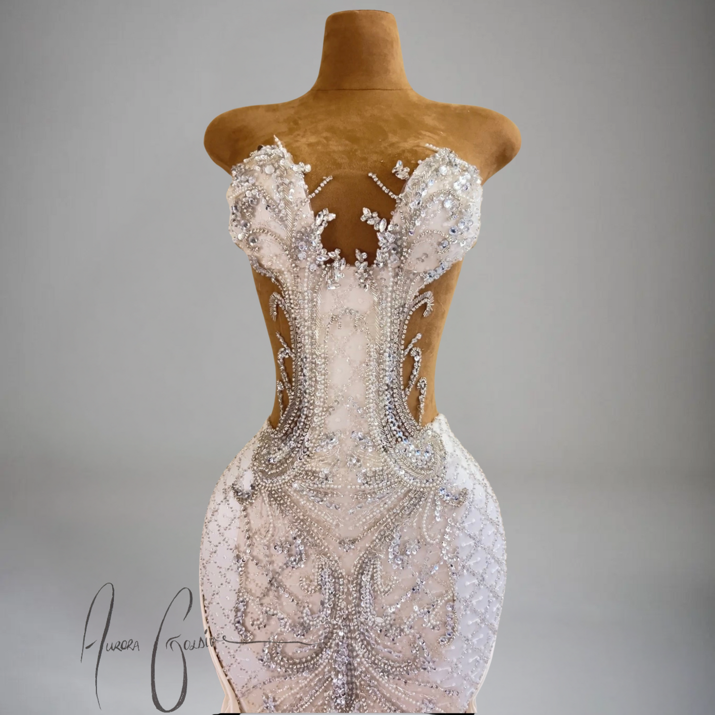 Azalea – Ivory Beaded Evening Gown with Crystal Embellishments and Draped Sides