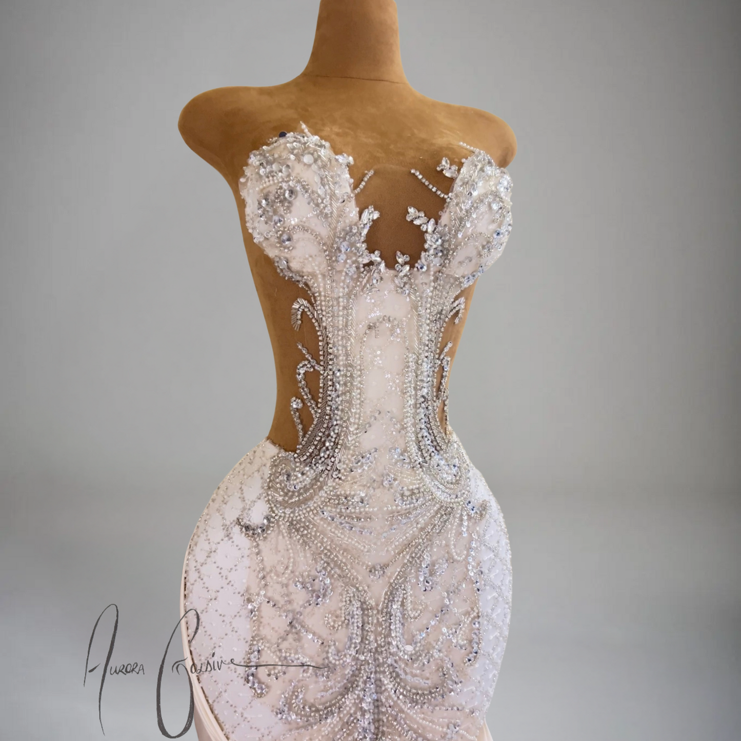 Azalea – Ivory Beaded Evening Gown with Crystal Embellishments and Draped Sides