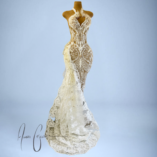 Zara Hand-Beaded Lace Mermaid Gown with Sculpted Side Train