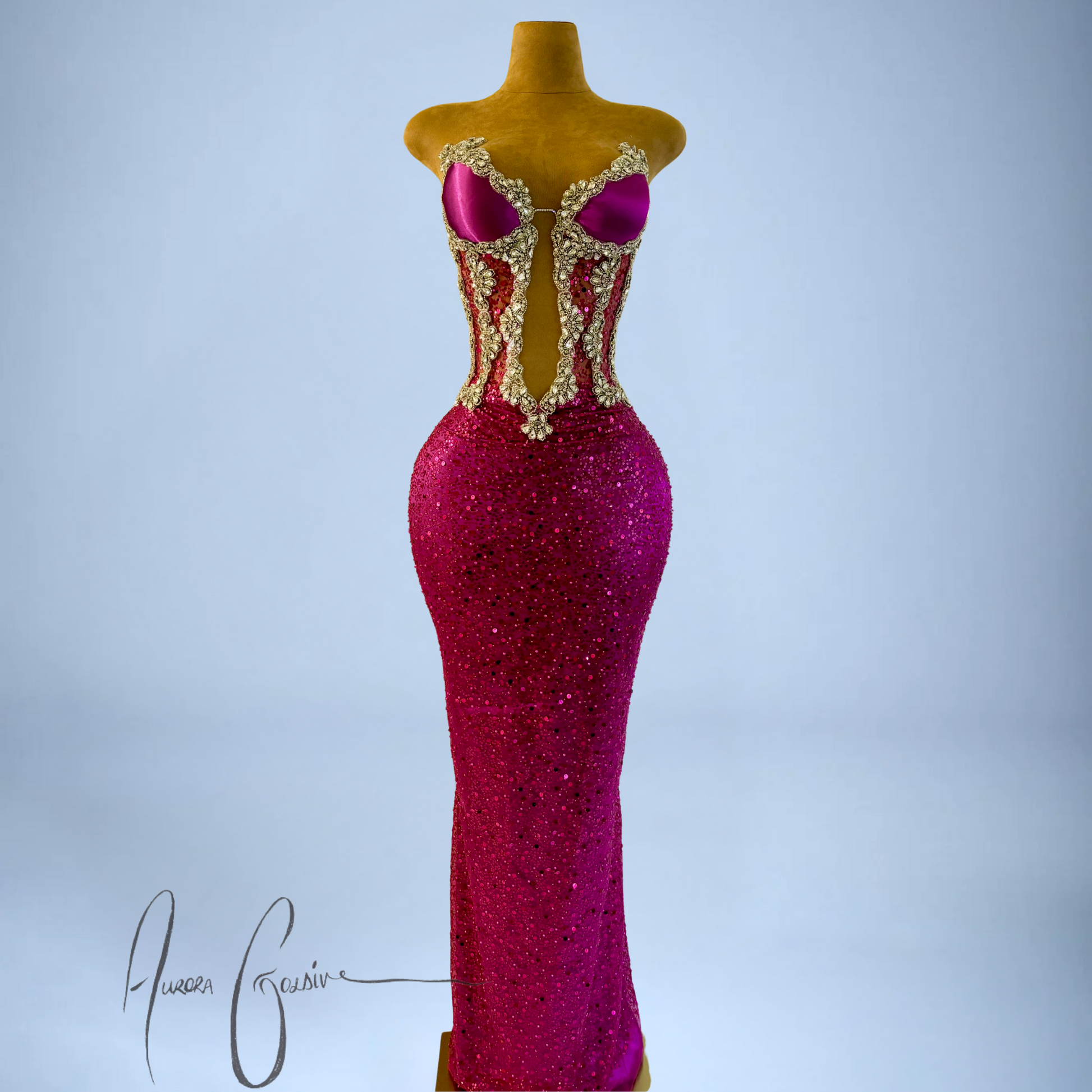Crystal Fuchsia Sequin Gown Beaded Corset Evening Dress | Aurora Goldiv Crystal Fuchsia Sequin Gown Beaded Corset Evening Dress | Aurora Goldiv