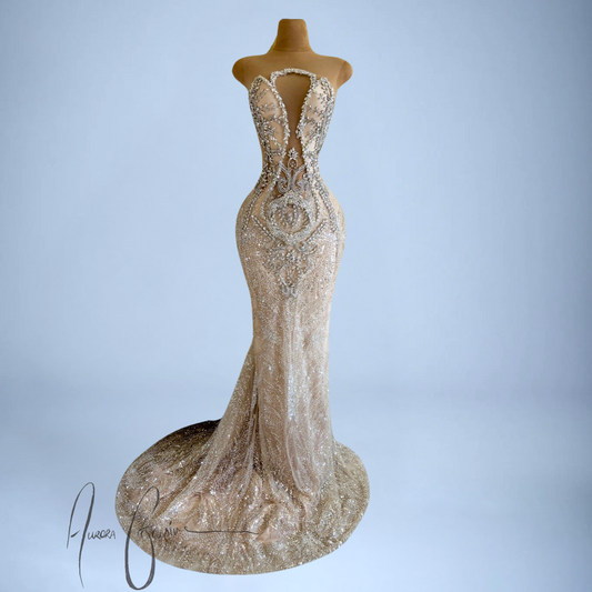 Astor – Champagne Sequin Gown with Ornate Silver Detailing