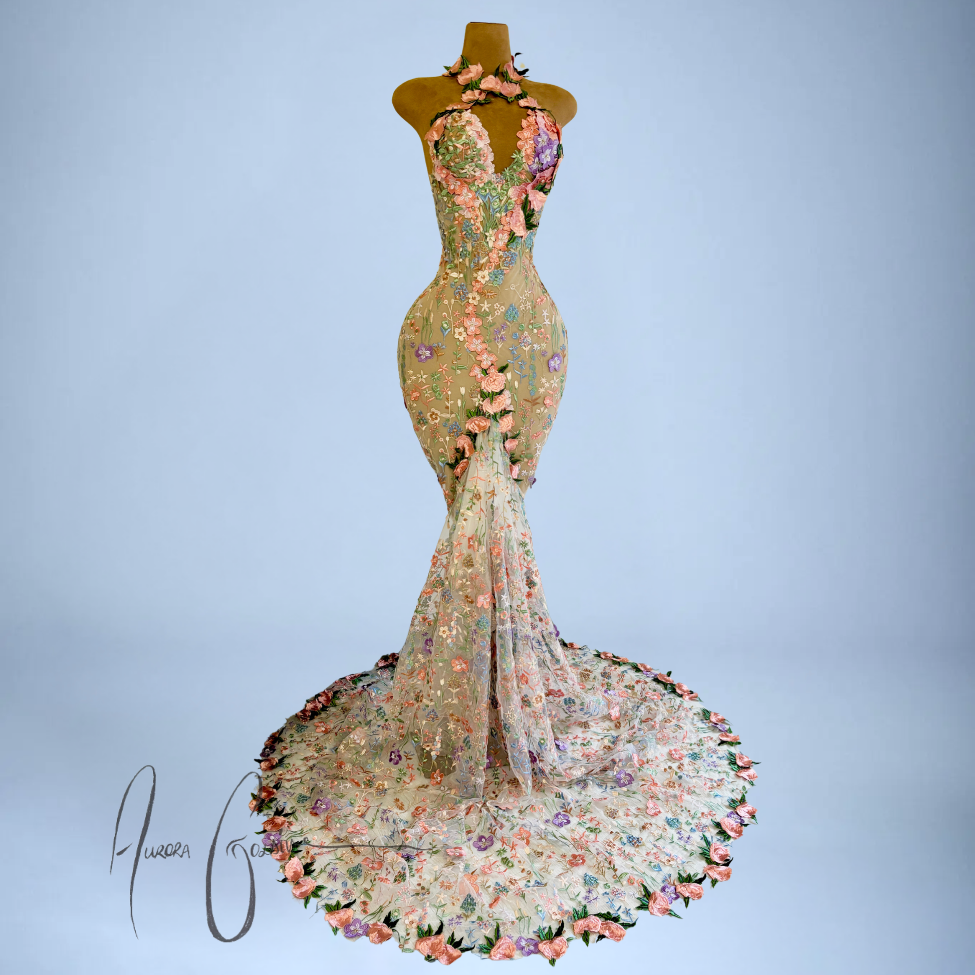 Alecia Gown embroidered floral mermaid wedding dress with sweetheart neckline and extended train by AuroraGoldiv