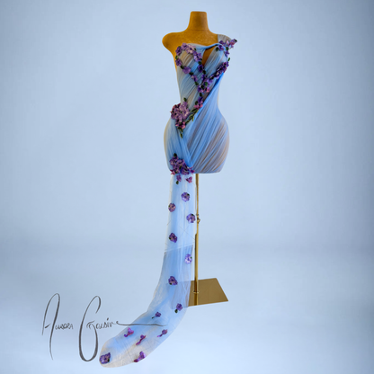 Halsey Draped Mini Dress with Floral Side Train