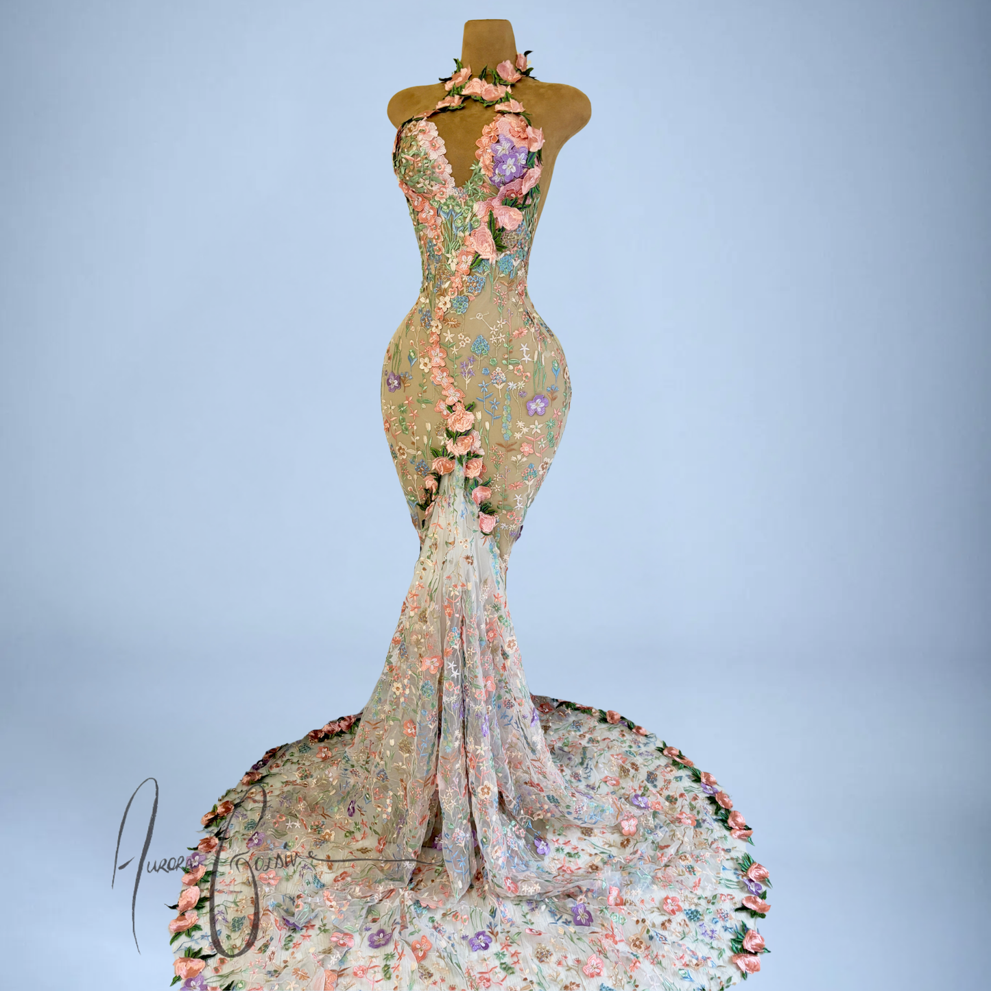 side view of Alecia Gown floral mermaid wedding dress with embroidered botanical detailing