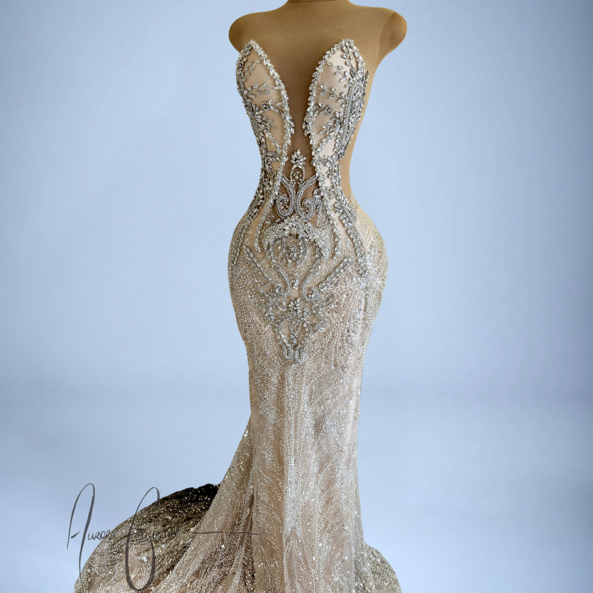 Athens Champagne Beaded Evening Gown with Sculpted Fit | Aurora Goldiv Athens Champagne Beaded Evening Gown with Sculpted Fit | Aurora Goldiv