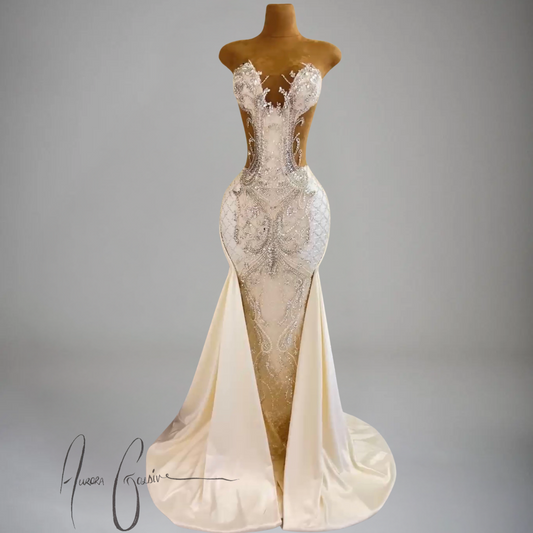 Azalea – Ivory Beaded Evening Gown with Crystal Embellishments and Draped Sides