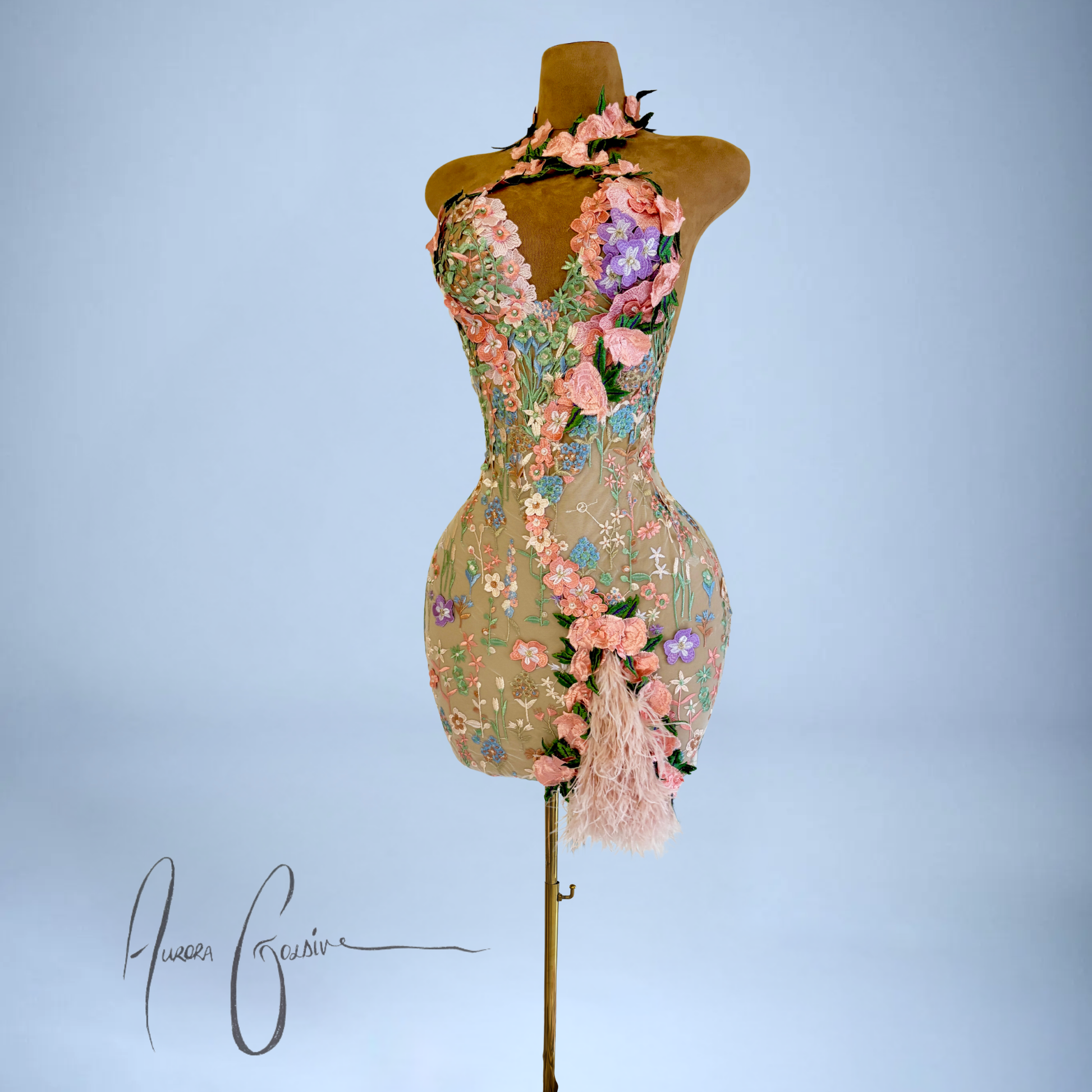 Side Alecia Mini embroidered floral bridal mini dress with sweetheart neckline and feather side train by AuroraGoldiv