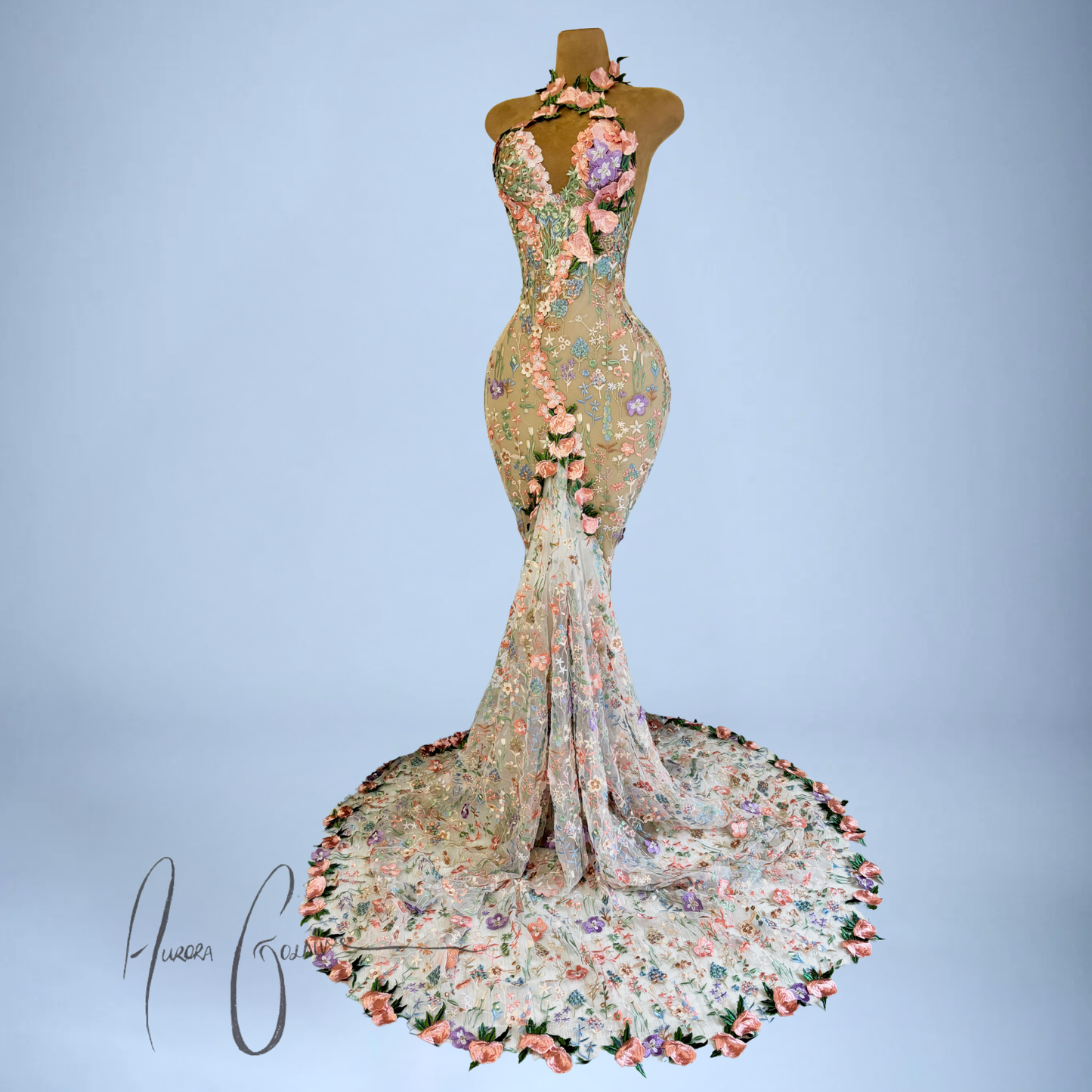 Side view of Alecia Gown wedding dress highlighting fitted mermaid silhouette and floral embroidery