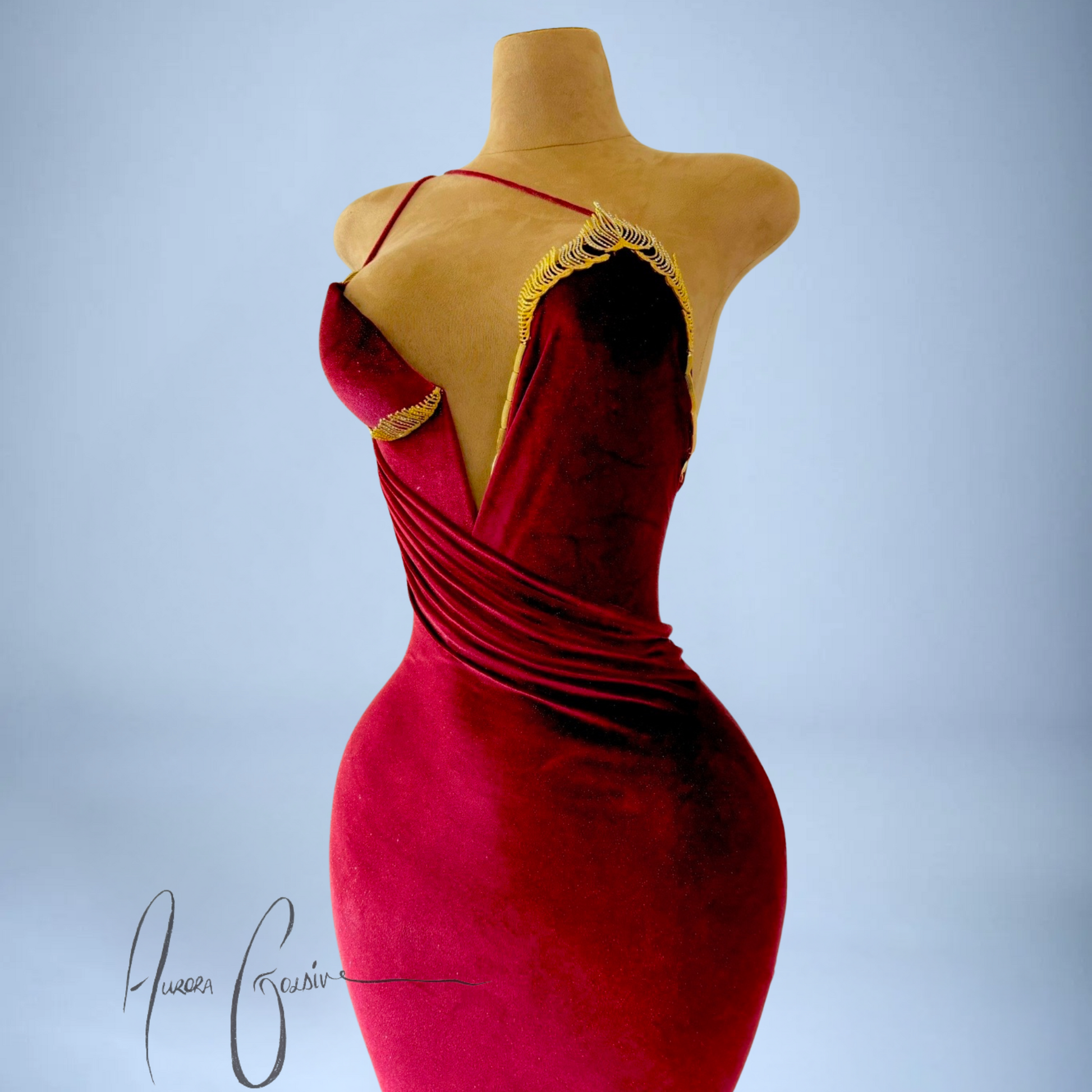 Ruby Gown – Wine Red Velvet Gown with Gold Detailing Ruby Gown – Wine Red Velvet Gown with Gold Detailing