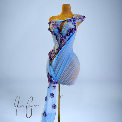 Halsey Draped Mini Dress with Floral Side Train