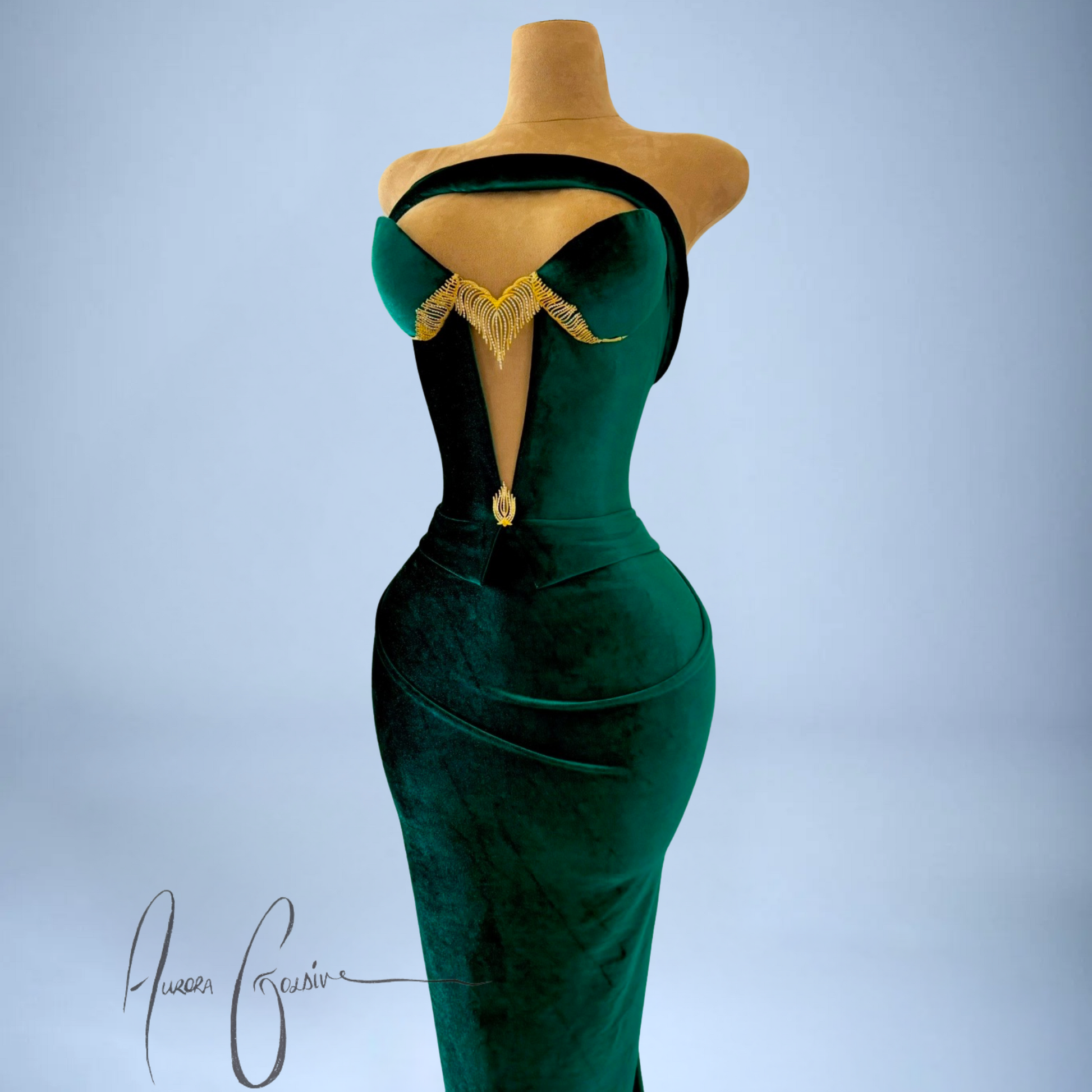 Kim K Emerald Velvet Gown Luxury Green Evening Dress with Gold Detailing | Aurora Goldiv Kim K Emerald Velvet Gown Luxury Green Evening Dress with Gold Detailing | Aurora Goldiv