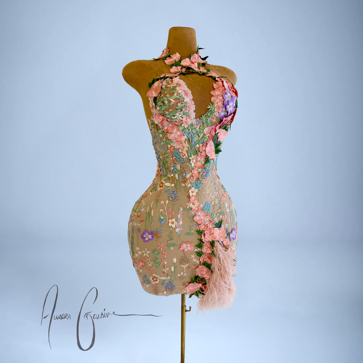 Side Alecia Mini embroidered floral bridal mini dress with sweetheart neckline and feather side train by AuroraGoldiv