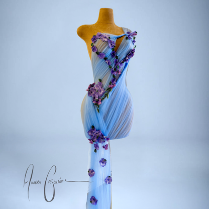 Halsey Draped Mini Dress with Floral Side Train