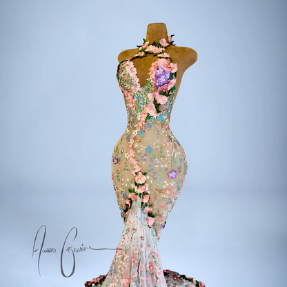 Detail view of Alecia Gown sweetheart neckline with floral embroidery