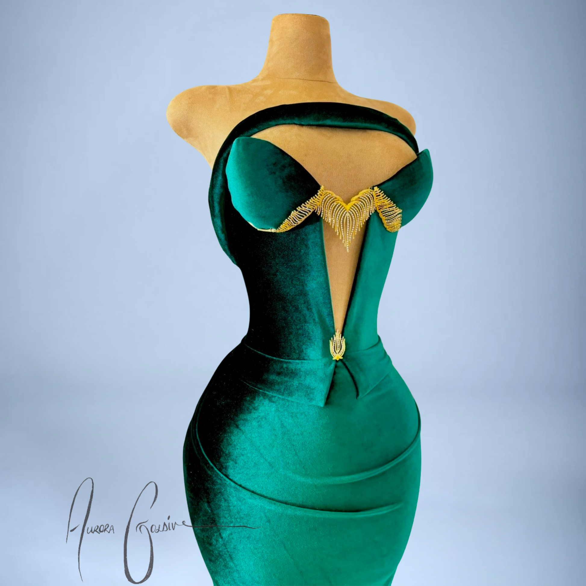 Kim K Emerald Velvet Gown Luxury Green Evening Dress with Gold Detailing | Aurora Goldiv Kim K Emerald Velvet Gown Luxury Green Evening Dress with Gold Detailing | Aurora Goldiv