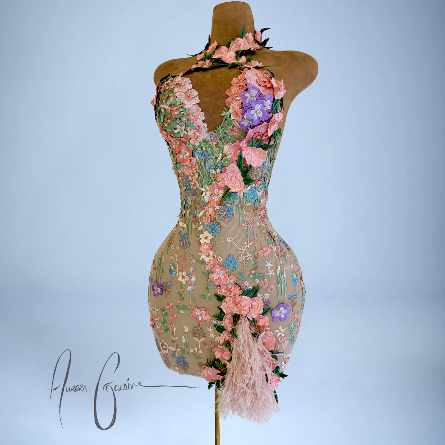 Side Alecia Mini embroidered floral bridal mini dress with sweetheart neckline and feather side train by AuroraGoldiv