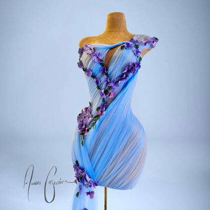 Halsey Draped Mini Dress with Floral Side Train