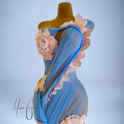 Kerry Ann Draped Mini Dress with Floral Side Train