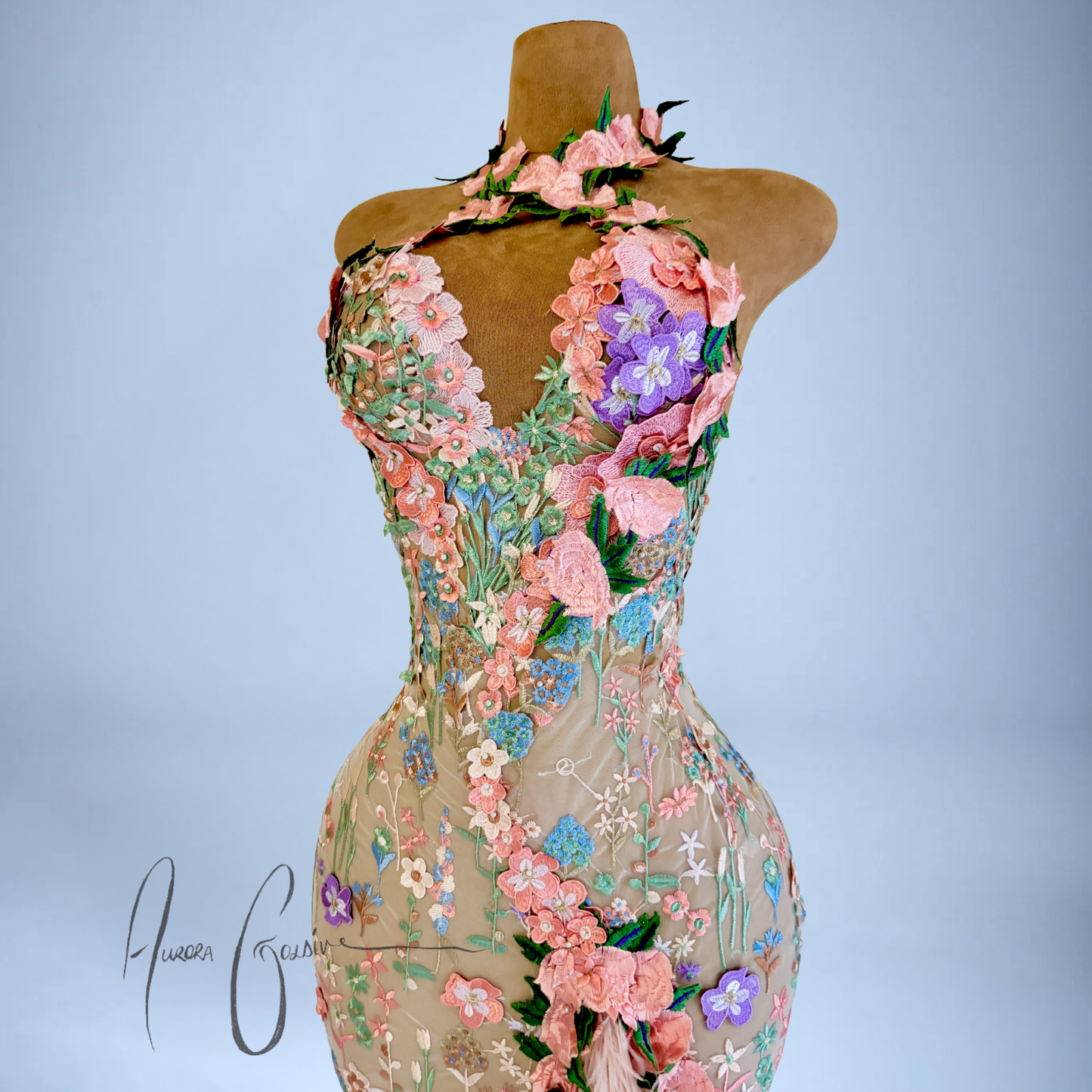 Side Alecia Mini embroidered floral bridal mini dress with sweetheart neckline and feather side train by AuroraGoldiv