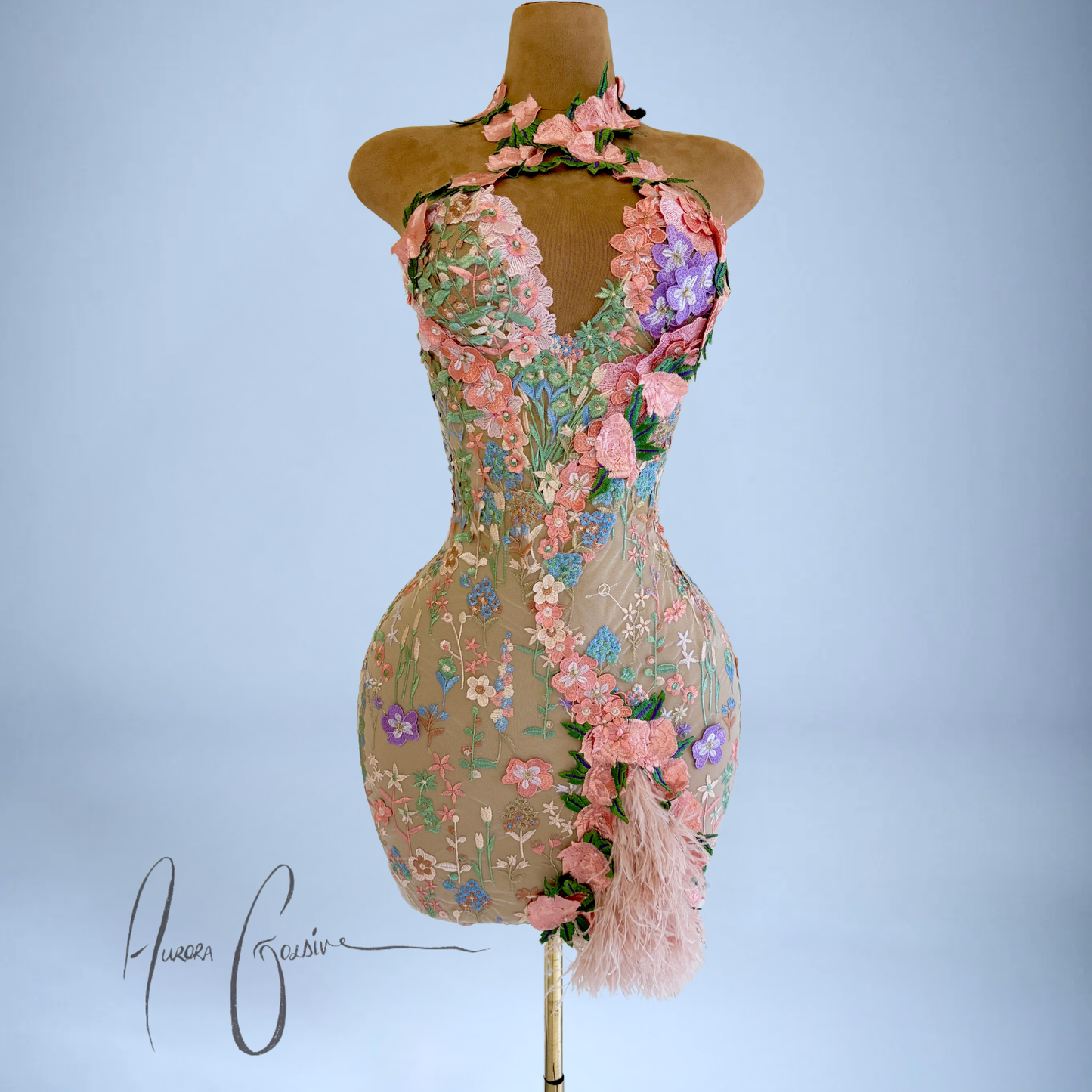 Side Alecia Mini embroidered floral bridal mini dress with sweetheart neckline and feather side train by AuroraGoldiv