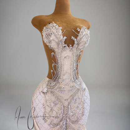 Azalea – Ivory Beaded Evening Gown with Crystal Embellishments and Draped Sides