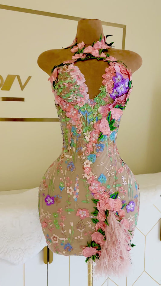 Alecia Mini – Floral Embroidered Mini Dress with Feathers