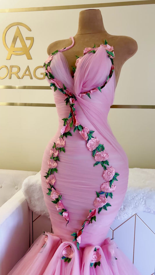 Sarah Draped Tulle Mermaid Gown with Floral Embroidery