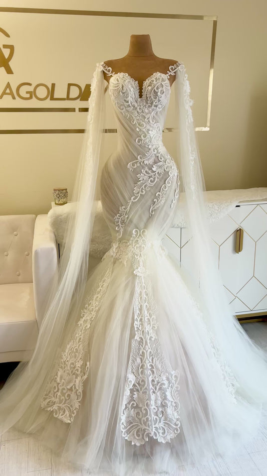 Jeffreanna Lace Mermaid Wedding Gown with Draped Sleeves