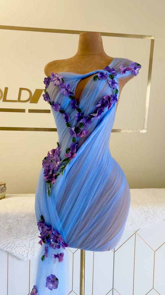 Halsey Draped Mini Dress with Floral Side Train