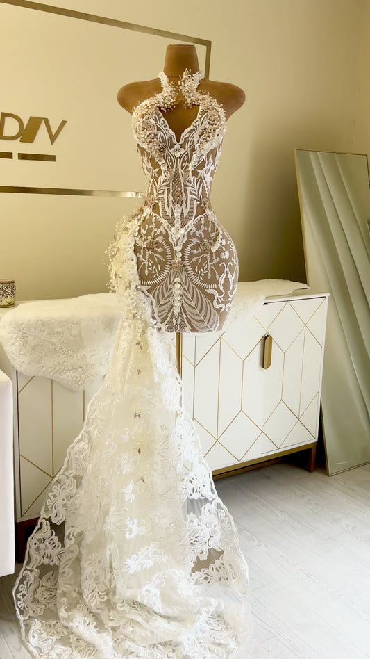 Zara Mini Hand-Beaded Lace Dress with Sculpted Side Train