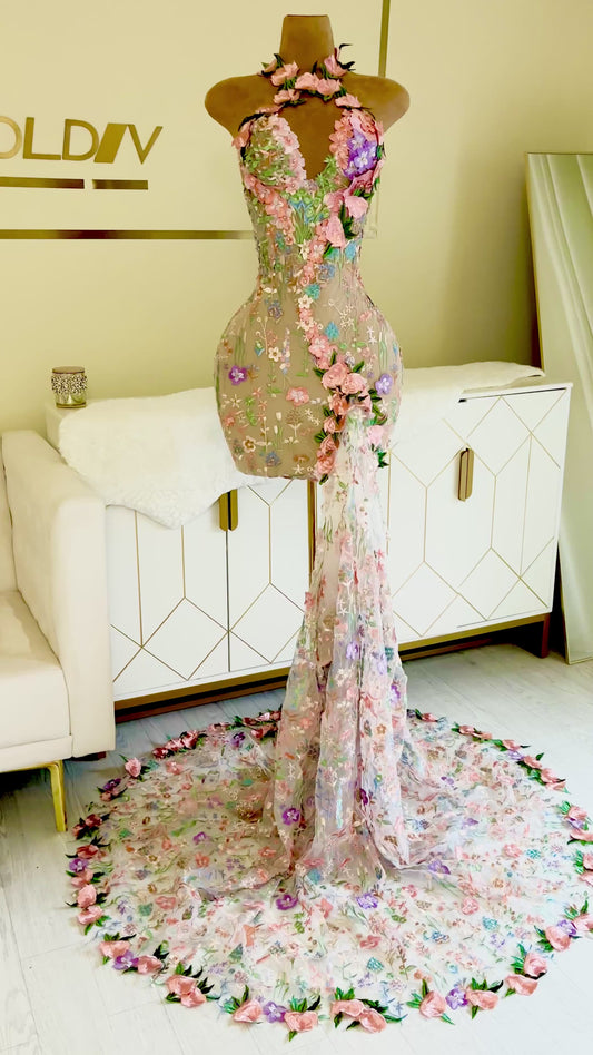 Alecia Mini – Floral Embroidered Mini Dress with Train